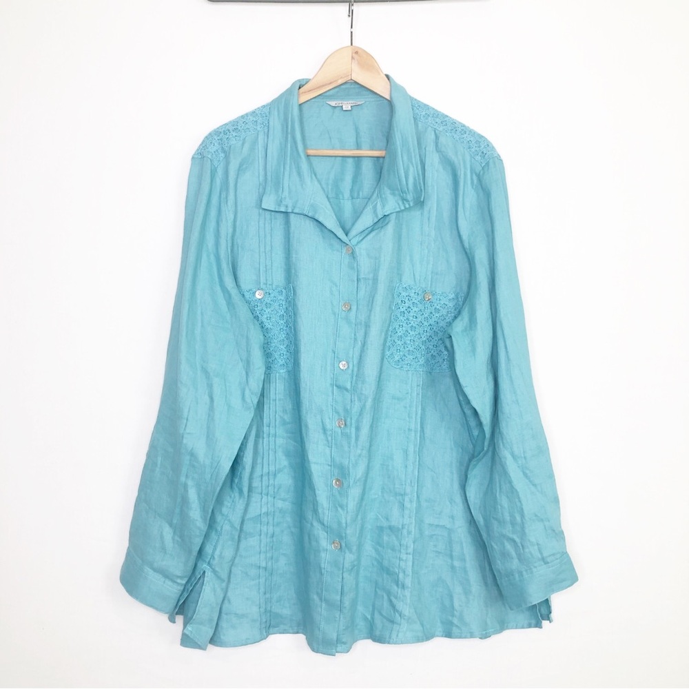 John Mark teal linen button down shirt